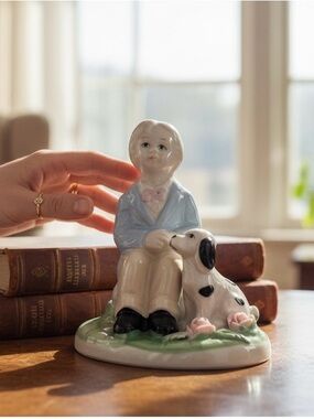 Vintage Ceramic Boy Dog Figurine Cottagecore Pastel Roses Home Decor